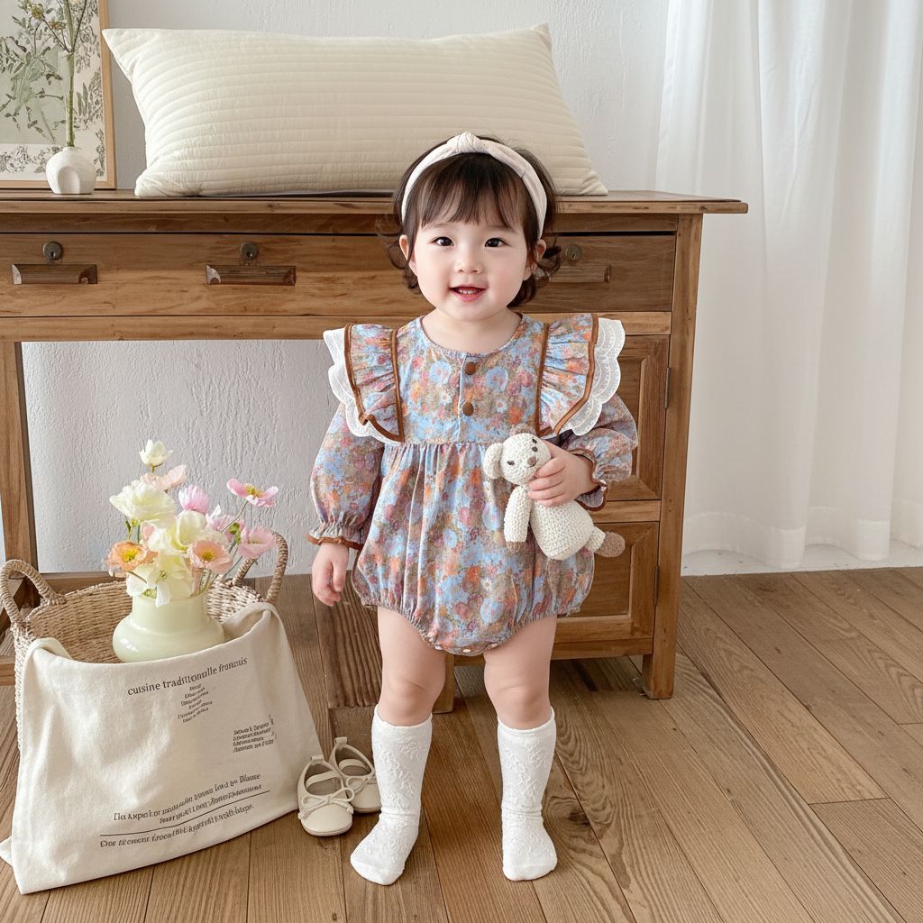 Spring Arrival Baby Girls Long Sleeves Vintage Floral Pattern Bodysuit
