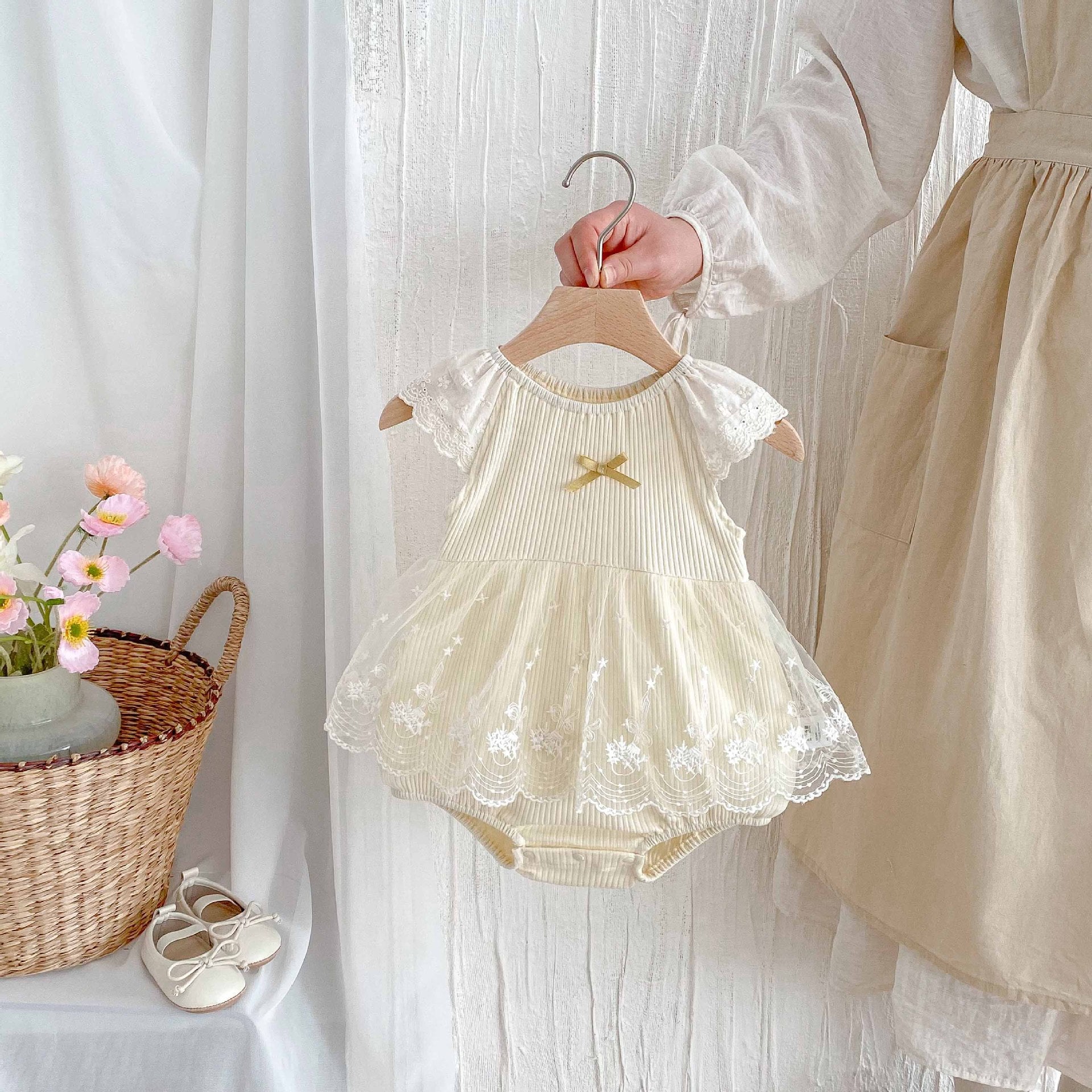 Summer Arrival Baby Girls Cute Apricot Fly Sleeves Flowers Pattern Tulle Patchwork Onesies, MyKids-USA®, Baby One-Pieces, MyKids-USA - Size/Age - 66 (3-6M) - Color - Apricot -  -  - TR2503302205-A