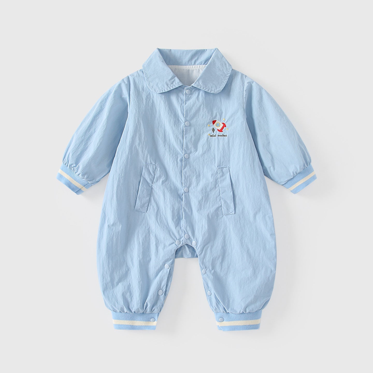Spring Hot Selling Baby Boys Rocket Cartoon Embroidery Pattern Single Breasted Rompers Bodysuits with Collar, MyKids-USA®, Bodysuits, MyKids-USA - Size/Age - 66 (3-6M) - Color - Blue -  -  - TR2601052139-A.