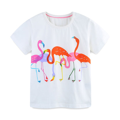 Summer Girls’ Cartoon Famingo Pattern T-shirt in European and American Style, MyKids-USA®, Baby & Toddler Tops, MyKids-USA - Size/Age - 90 (12-24M) - Color - White -  -  - TR2505311923-A