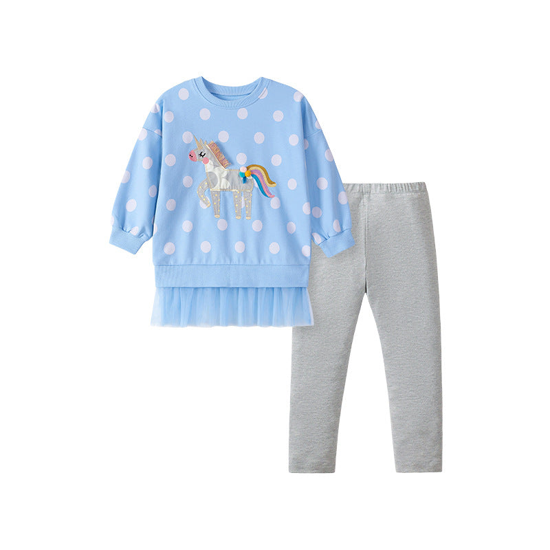 Spring and Autumn Girls Animals Cartoon and Polka Dots Pattern Long Sleeves Tulle Patchwork Sweatshirt and Plain Pants Clothing Set, MyKids-USA®, Baby & Toddler Outfits, MyKids-USA - Size/Age - 90 (12-24M) - Color - Blue -  -  - TR2507242035-A