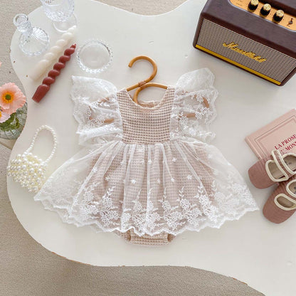 Summer Baby Waffle Pattern Lace Mesh Princess Onesie Dress For Girls