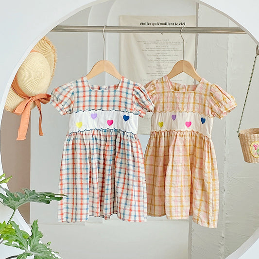 Summer Girls Short Sleeves Colorful Plaid Heart Embroidery Dress