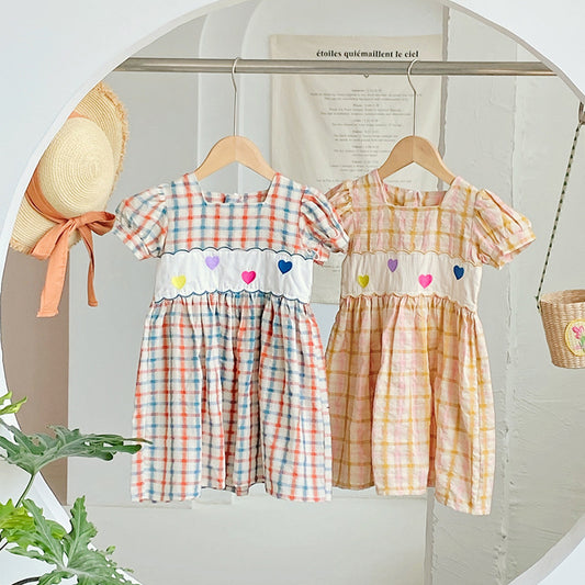 Summer Girls Short Sleeves Colorful Plaid Heart Embroidery Dress, MyKids-USA®, Baby & Toddler Dresses, MyKids-USA -  -  -  -  -  -  - 