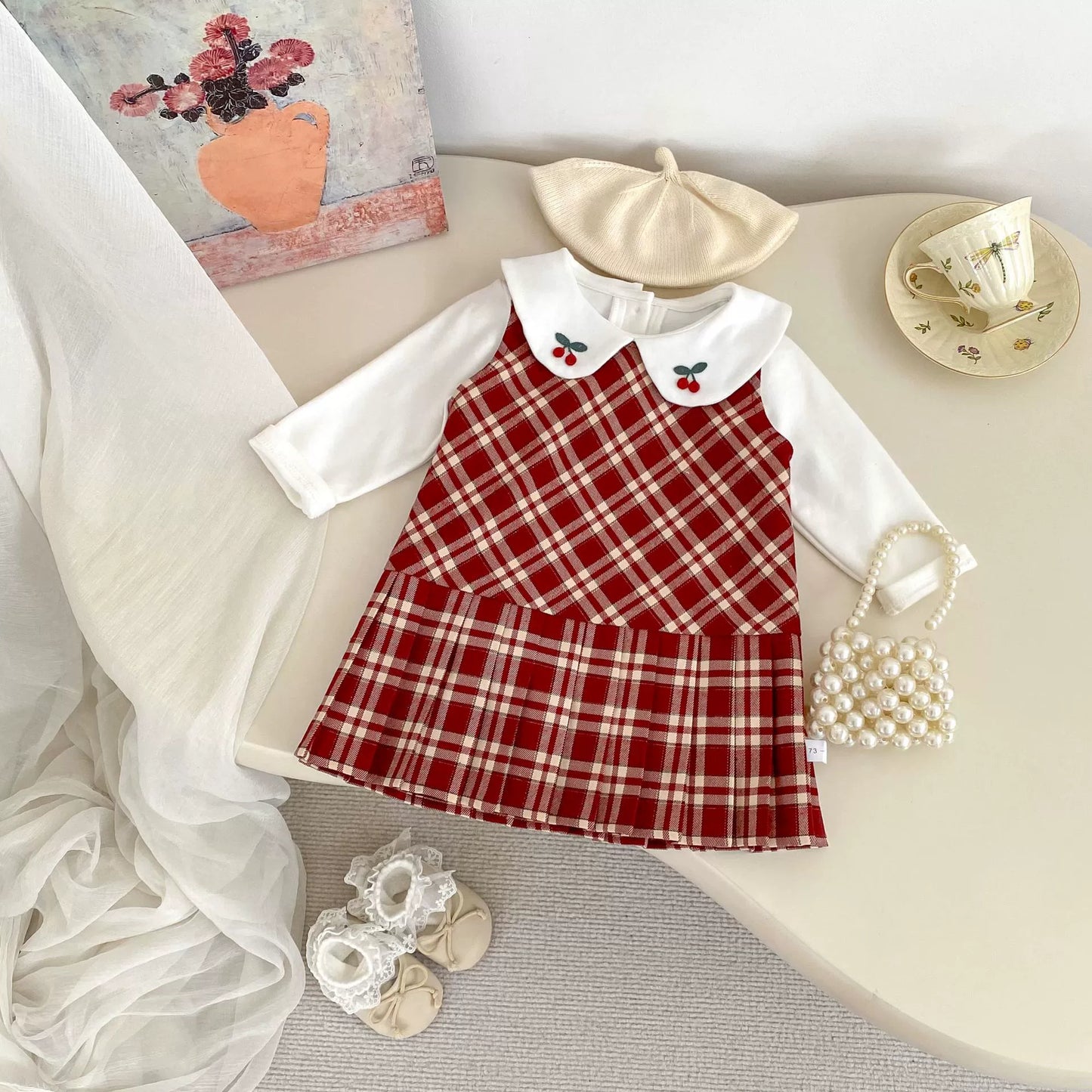 Spring and Autumn Baby Kids Girls Cherry Pattern Long Sleeves Beige Top and Plaid Sleeveless Dress Clothing Set, MyKids-USA®, Baby & Toddler Outfits, MyKids-USA - Size/Age - 73 (6-9M) - Color - Red -  -  - TR2508152142-A