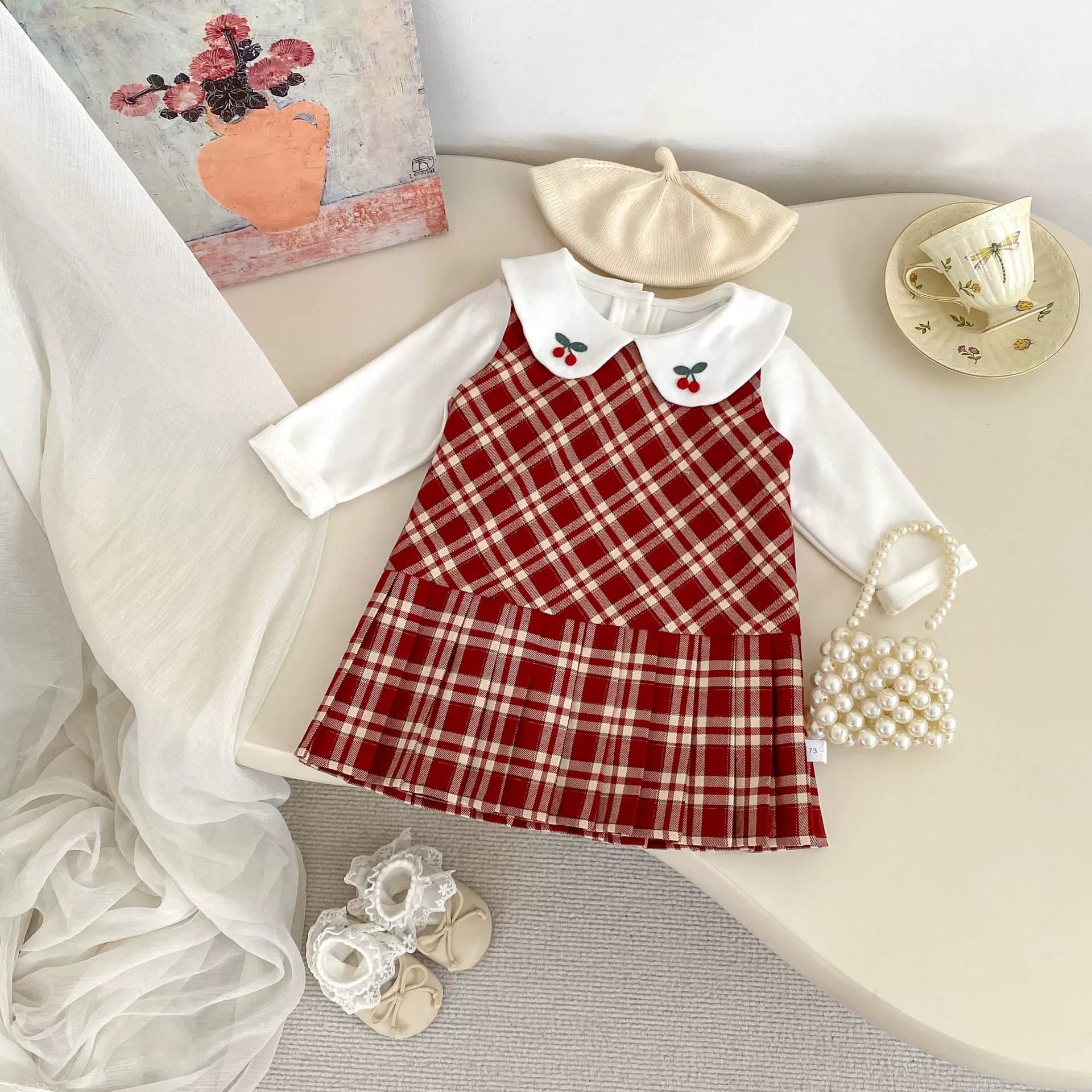 Spring and Autumn Baby Kids Girls Cherry Pattern Long Sleeves Beige Top and Plaid Sleeveless Dress Clothing Set, MyKids-USA®, Baby & Toddler Outfits, MyKids-USA - Size/Age - 73 (6-9M) - Color - Red -  -  - TR2508152142-A
