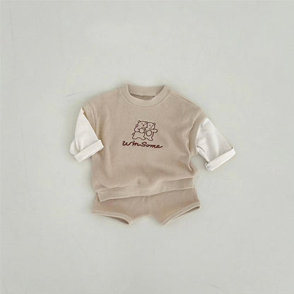 MyKids-USA® Spring and Autumn Baby Kids Unisex Long Sleeves Color Patchwork Pullover and Plain Shorts Clothing Set