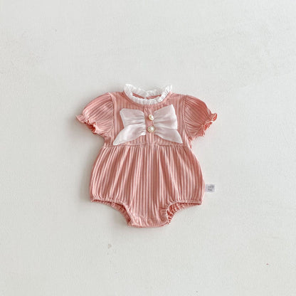 Summer Arrival Baby Girls Short Sleeves Ruffle Neck Color Patchwork Bodysuit, MyKids-USA®, Baby One-Pieces, MyKids-USA - Size/Age - 66 (3-6M) - Color - Pink -  -  - TR2603192333-B.