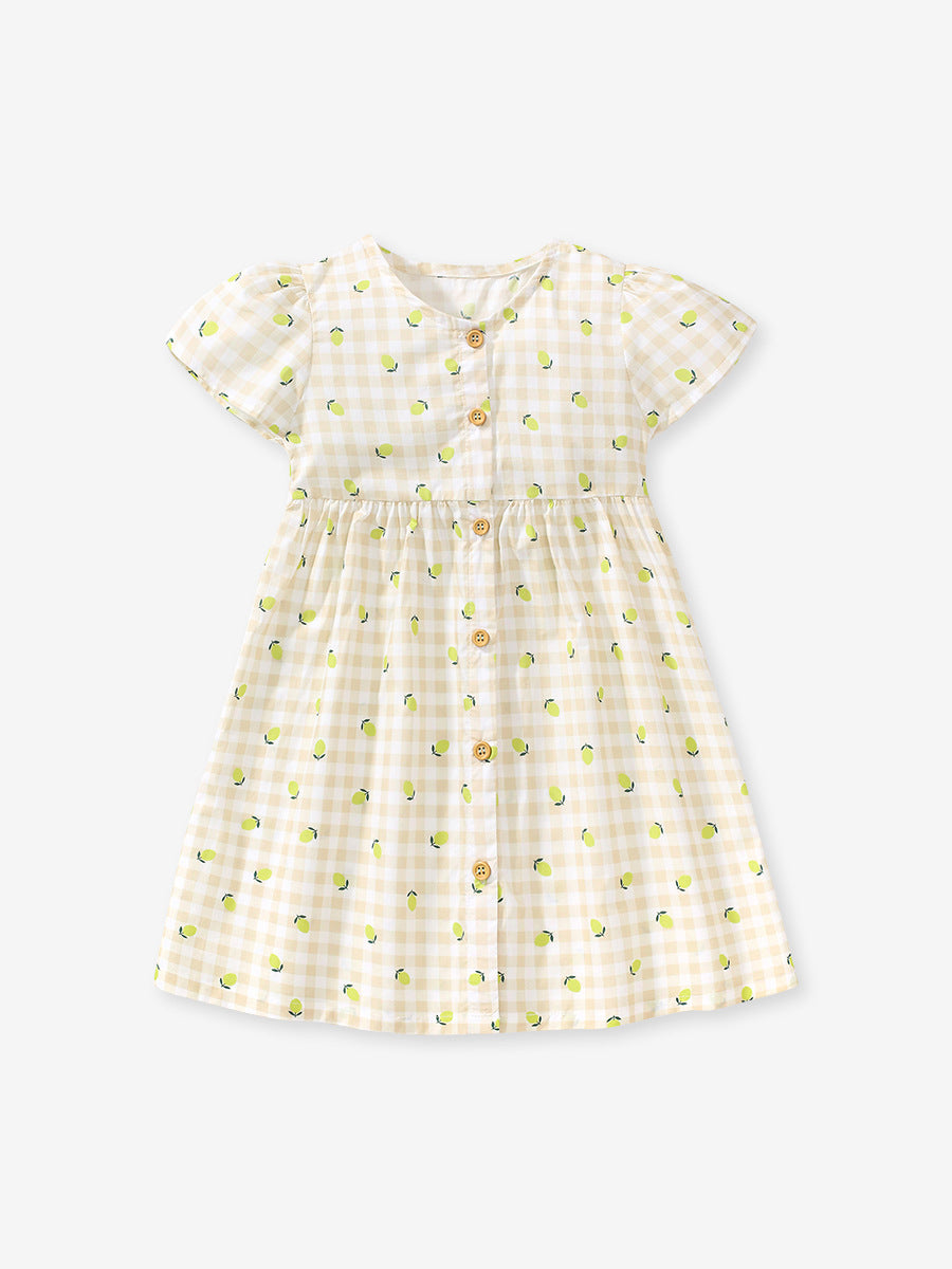 Baby Girls Single Breasted Plaid Lemons Print Short Sleeves Dress