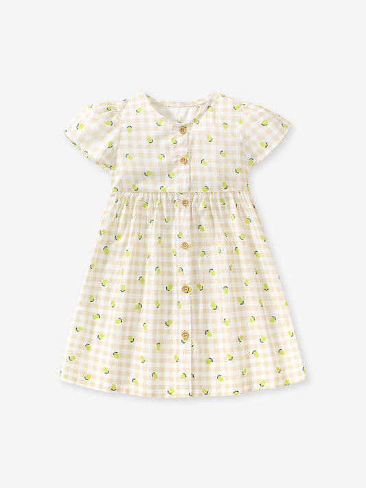 Baby Girls Single Breasted Plaid Lemons Print Short Sleeves Dress