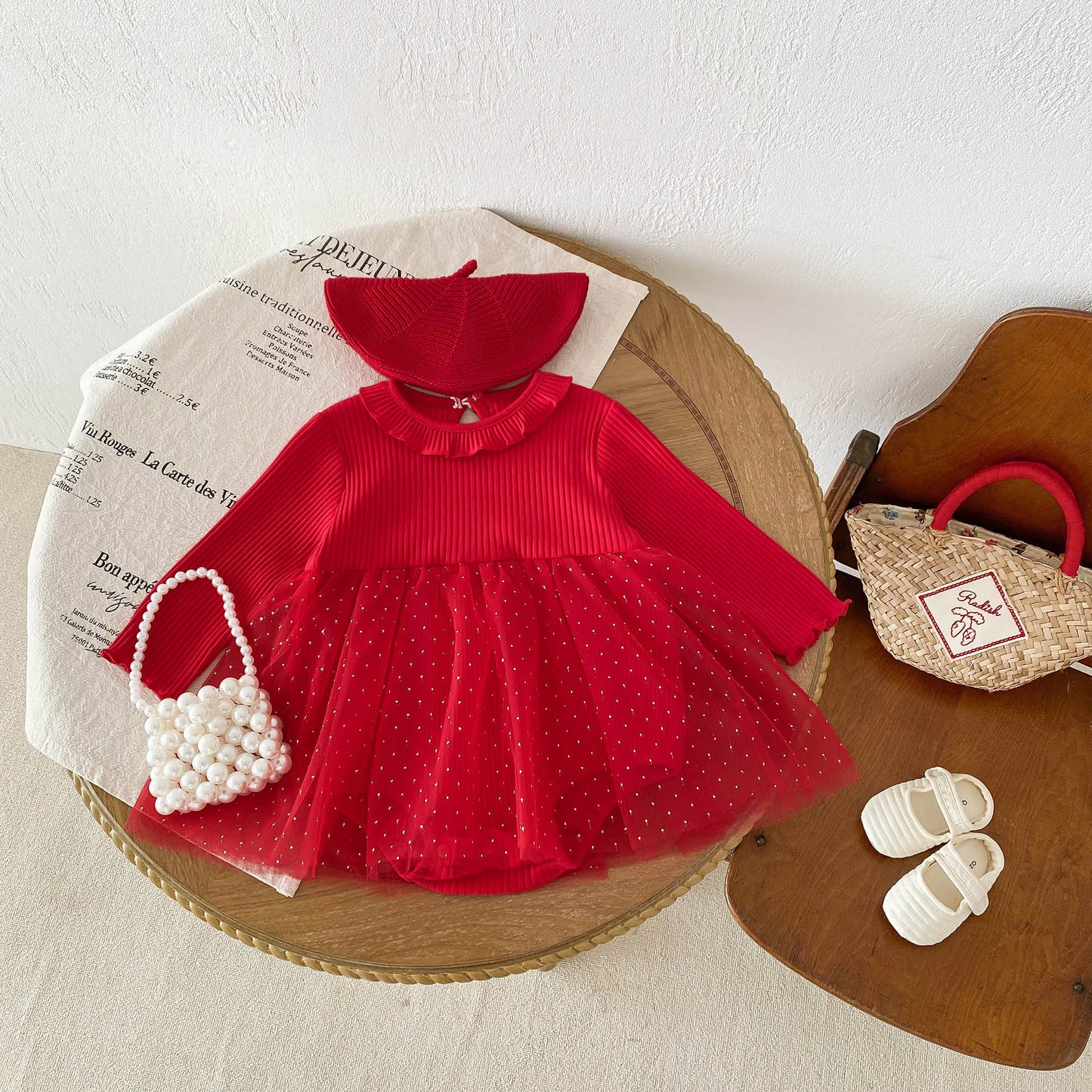 Spring New Design Baby Red Long Sleeves Mesh Onesie Dress For Girls