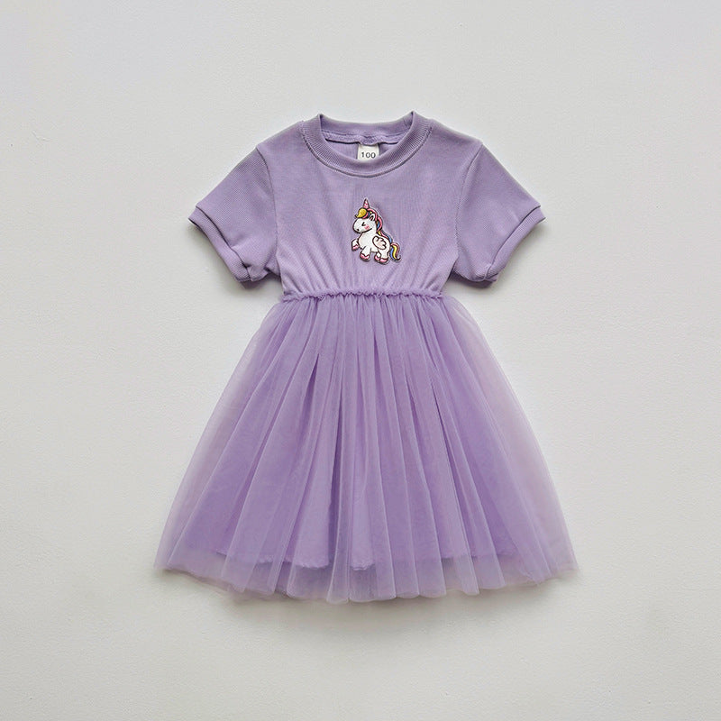 Summer Baby Kids Girls Short-Sleeved Cartoon Unicorn Pattern Mesh Patchwork Dress, MyKids-USA®, Baby & Toddler Dresses, MyKids-USA - Size/Age - 80 (9-12M) - Color - Purple -  -  - TR2501082247