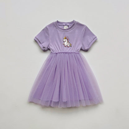 Summer Baby Kids Girls Short-Sleeved Cartoon Unicorn Pattern Mesh Patchwork Dress, MyKids-USA®, Baby & Toddler Dresses, MyKids-USA - Size/Age - 80 (9-12M) - Color - Purple -  -  - TR2501082247