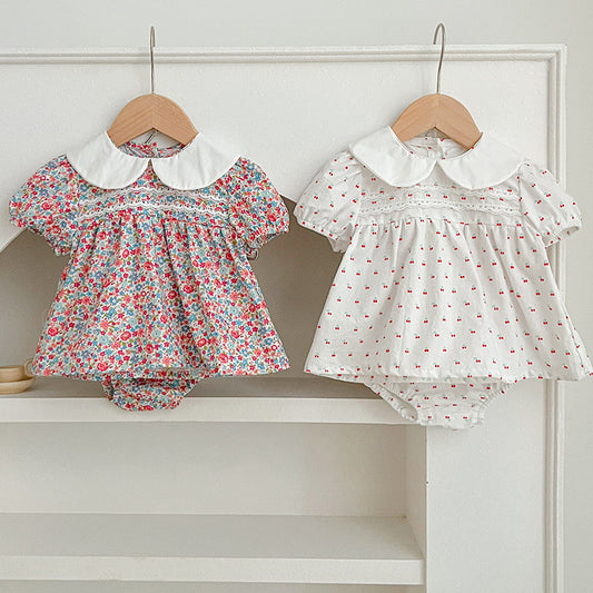 Summer Baby Girls Short Sleeves Floral Pattern Dress And Shorts – Princess Sister Matching Set