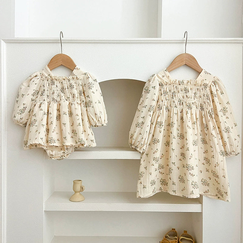 Autumn Baby Girls Flowers Pattern Long-sleeved Square Neck Onesies and Dress – Princess Sister Matching Set, MyKids-USA®, Baby & Toddler Outfits, MyKids-USA -  -  -  -  -  -  - 