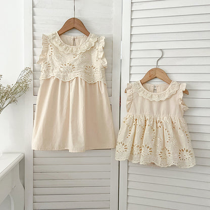 Summer Girls Hollow Out Floral Pattern Sleeveless Onesies And Girls’ Dress – Princess Sister Matching Set