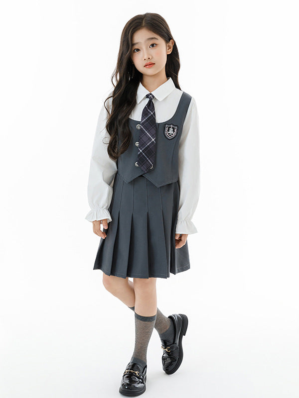 Arrival Autumn Kids Girls Long Sleeves Color Patchwork Top and Plain Skirt Clothing Set