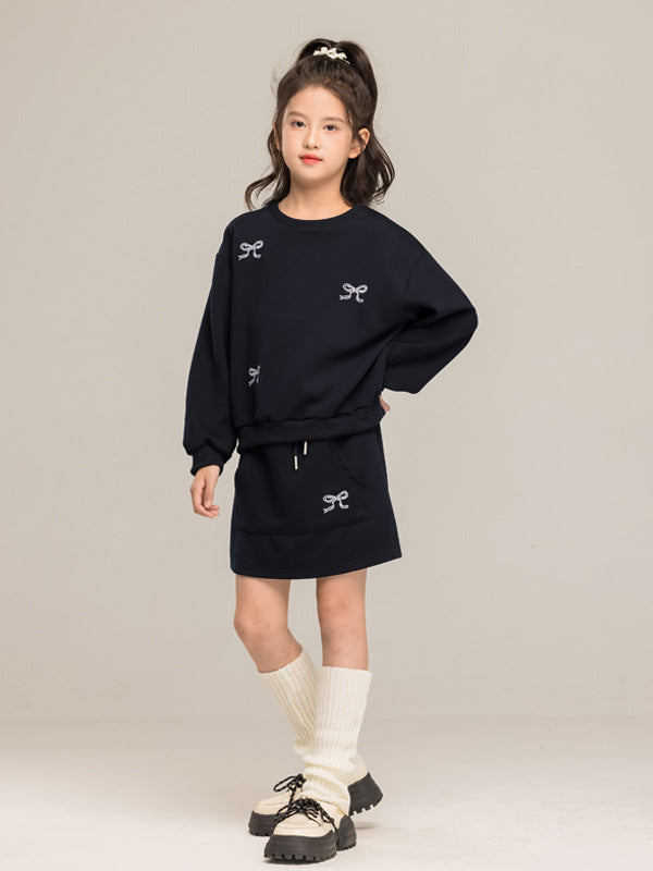 Arrival Autumn Kids Girls Long Sleeves Butterfly-bows Pattern Pullover and Skirt Sets