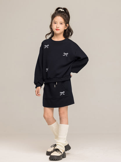 Arrival Autumn Kids Girls Long Sleeves Butterfly-bows Pattern Pullover and Skirt Sets