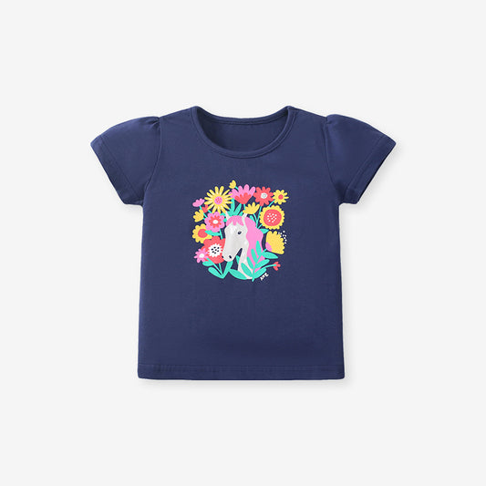 Crew Neck Floral Horse Cartoon Girls’ T-Shirt In European And American Style For Summer