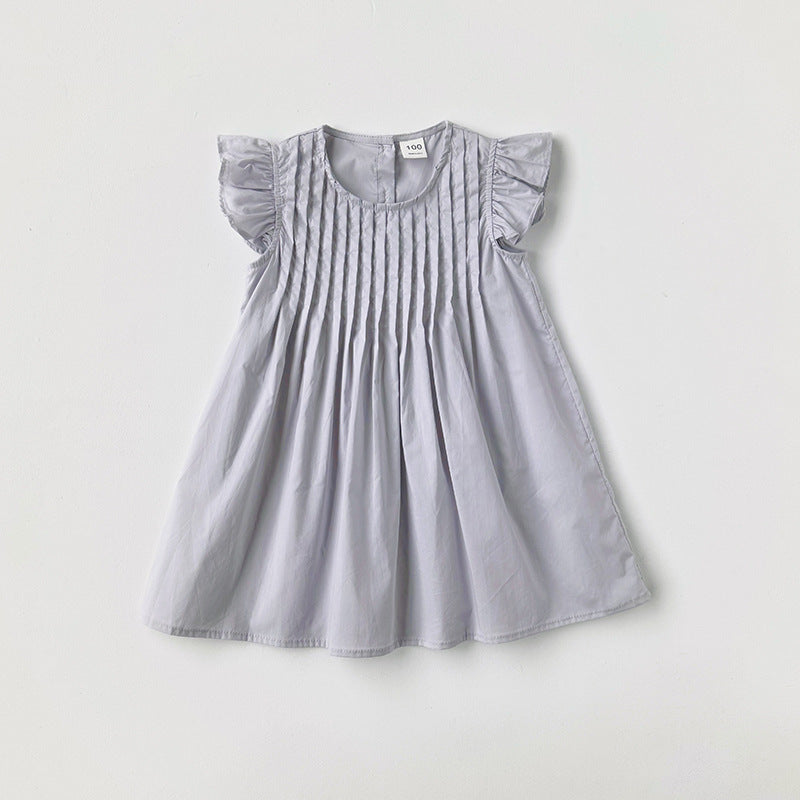 Summer New Arrival Kids Girls Fly Sleeves Solid Color Pleated Dress