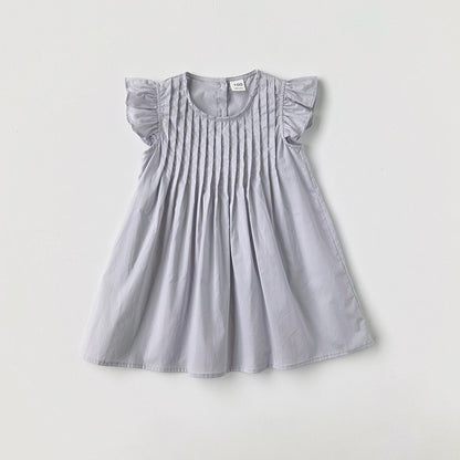 Summer New Arrival Kids Girls Fly Sleeves Solid Color Pleated Dress