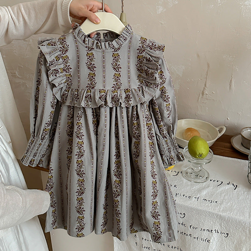 Spring and Autumn French Print Ruffle Stand Collar Long-sleeved Dress for Stylish Girls, MyKids-USA®, Baby & Toddler Dresses, MyKids-USA - Size/Age - 90 (12-24M) - Color - Grey -  -  - TR2412301109