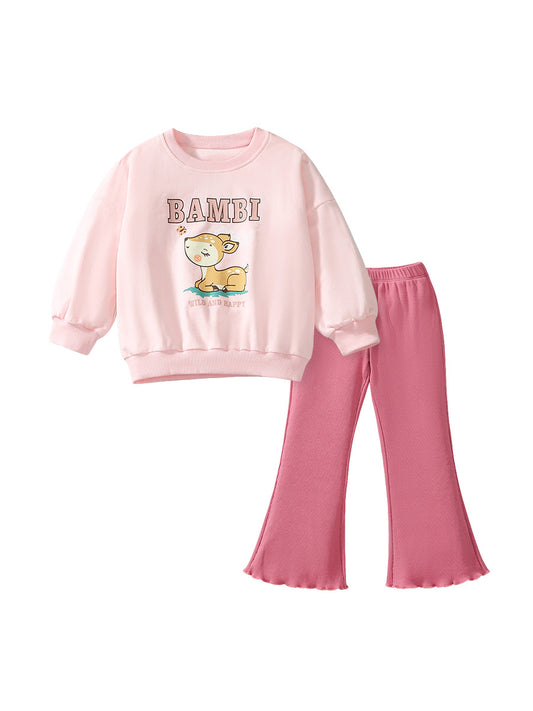 Spring And Autumn Girls Cute Cartoon Little Bambi Print Top Sweatshirt And Solid Color Pants, MyKids-USA®, Baby & Toddler Outfits, MyKids-USA - Size/Age - 90 (12-24M) - Color - Pink -  -  - TR2406270958-A
