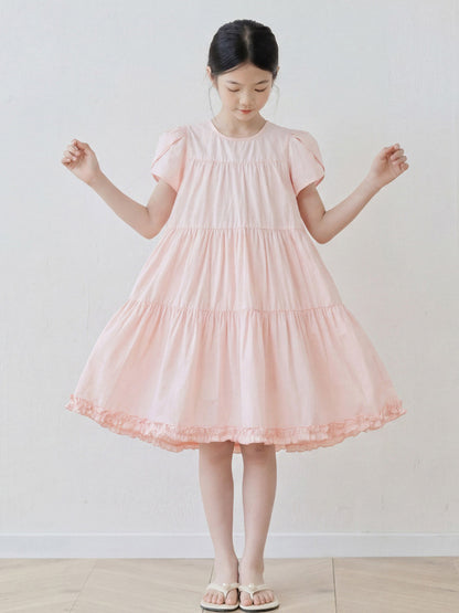 Summer Arrival Short Sleeves Patchwork Design Plain Dress for Stylish Girls