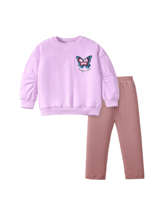 Spring And Autumn Girls Simple Butterfly Logo Long Sleeves Crew Neck Top Sweatshirt And Pants Clothing Set, MyKids-USA®, Baby & Toddler Outfits, MyKids-USA - Size/Age - 90 (12-24M) - Color - Purple -  -  - TR2407141118-A