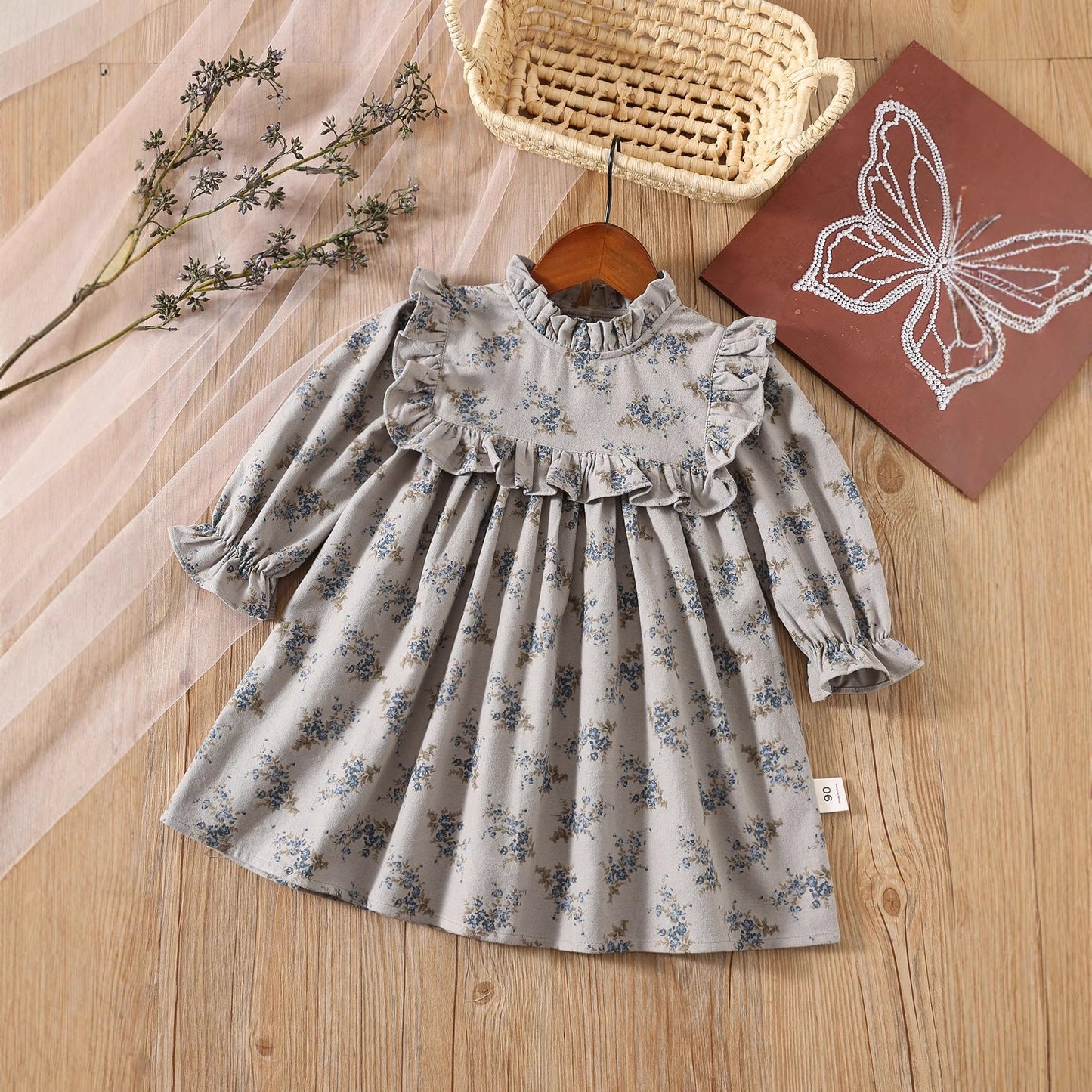 Autumn Arrival Baby Kids Girls Floral Pattern Long Sleeves Ruffle Neck Dress, MyKids-USA®, Baby & Toddler Dresses, MyKids-USA - Size/Age - 90 (12-24M) - Color - Grey -  -  - TR2509302310-A