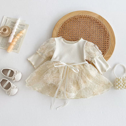 Autumn Arrival Baby Girls Long Sleeves Flowers and Dots Embroidered Pattern Tulle Patchwork Onesies, MyKids-USA®, Baby One-Pieces, MyKids-USA - Size/Age - 66 (3-6M) - Color - Beige -  -  - TR2506161755-A