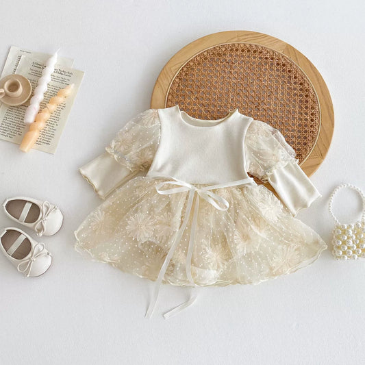 Autumn Arrival Baby Girls Long Sleeves Flowers and Dots Embroidered Pattern Tulle Patchwork Onesies, MyKids-USA®, Baby One-Pieces, MyKids-USA - Size/Age - 66 (3-6M) - Color - Beige -  -  - TR2506161755-A