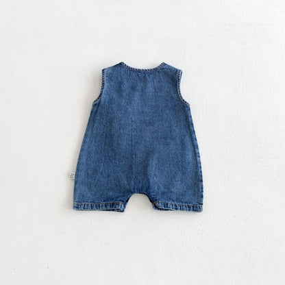 Design Summer Baby Kids Boys Sleeveless Denim Cartoon Pattern Rompers