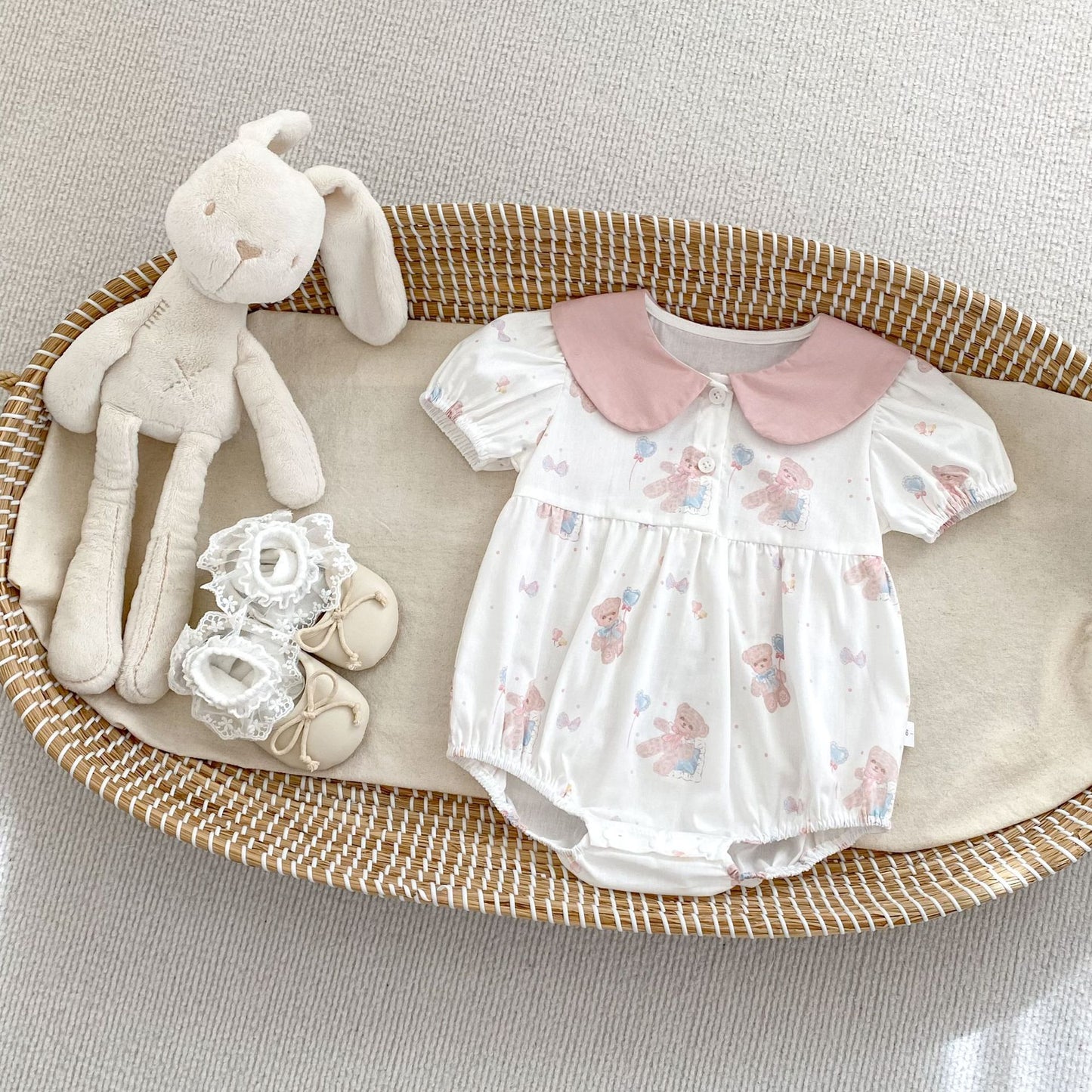 Summer Arrival Baby Girls Short Sleeves Thin Teddy Pattern Onesies, MyKids-USA®, Baby One-Pieces, MyKids-USA - Size/Age - 66 (3-6M) - Color - Pink -  -  - TR2503092158-B