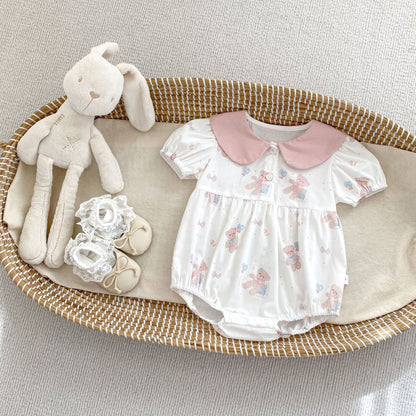 Summer Arrival Baby Girls Short Sleeves Thin Teddy Pattern Onesies, MyKids-USA®, Baby One-Pieces, MyKids-USA - Size/Age - 66 (3-6M) - Color - Pink -  -  - TR2503092158-B