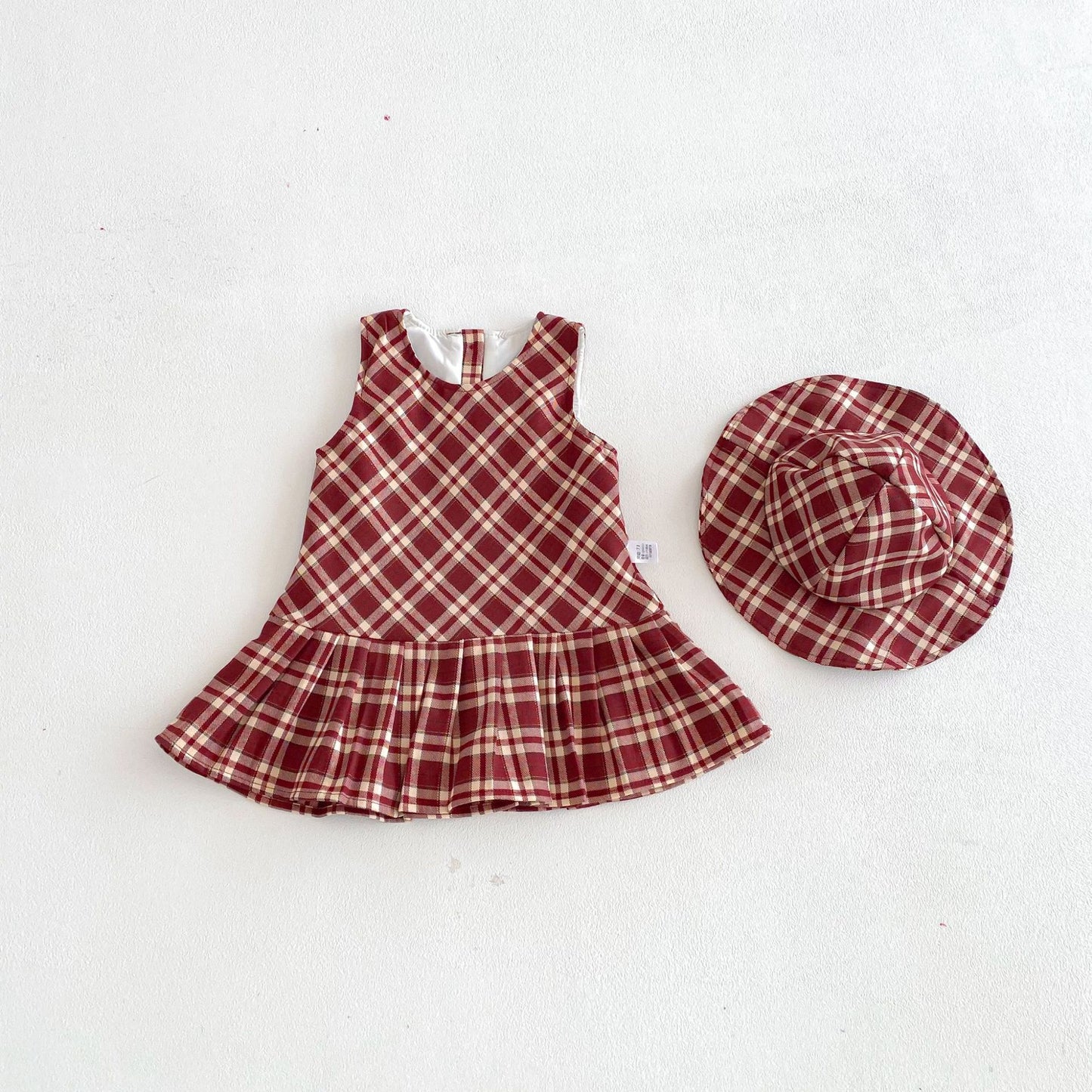 Spring Arrival Baby Kids Girls Cute Argyle and Plaid Pattern Sleeveless Dress with Hat