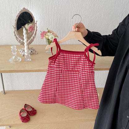 Summer Arrival Baby Girls Cute Plaid Pattern Sleeveless Strap Dress, MyKids-USA®, Baby & Toddler Dresses, MyKids-USA - Size/Age - 90 (12-24M) - Color - Red -  -  - TR2505011652-A