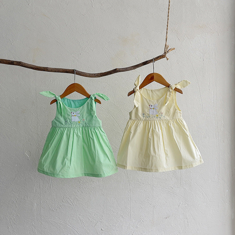 Summer Arrival Baby Girls Sleeveless Rabbit Cartoon Embroidered Dress