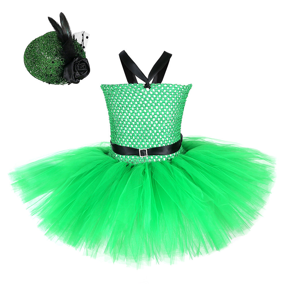 Children Girls’ Halloween Costume Set: Sleeveless Herringbone Pattern Tulle Patchwork Dress with Accessory – Sets, MyKids-USA®, Costume Sets, MyKids-USA - Size/Age - S (1-3Y) - Color - Green -  -  - TR2409071039.