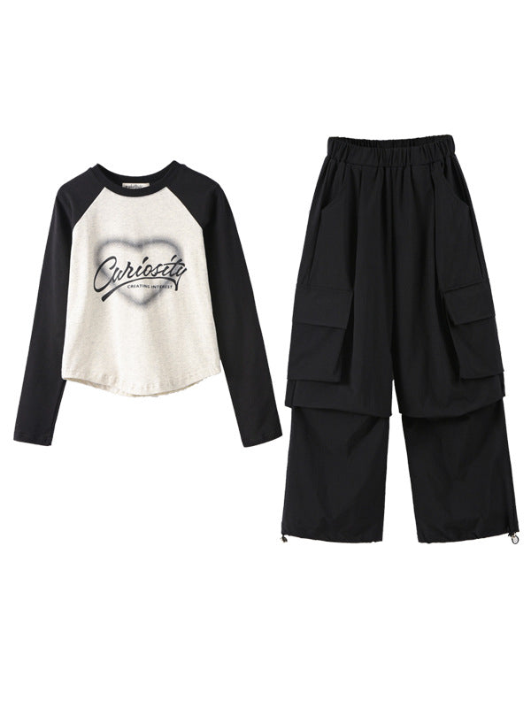 Arrival Autumn Kids Girls Long Sleeves Letters Pattern Top and Black Loose Pants Sets