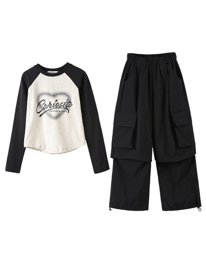 Arrival Autumn Kids Girls Long Sleeves Letters Pattern Top and Black Loose Pants Sets