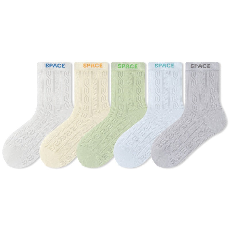 Summer and Spring Kids Breathable Cute Cartoon and Letters Pattern Socks 5-Pair Set, MyKids-USA®, Baby & Toddler Socks & Tights, MyKids-USA - Size/Age - M (3-5Y) - Color - Grey -  -  - TR2604242125-C.