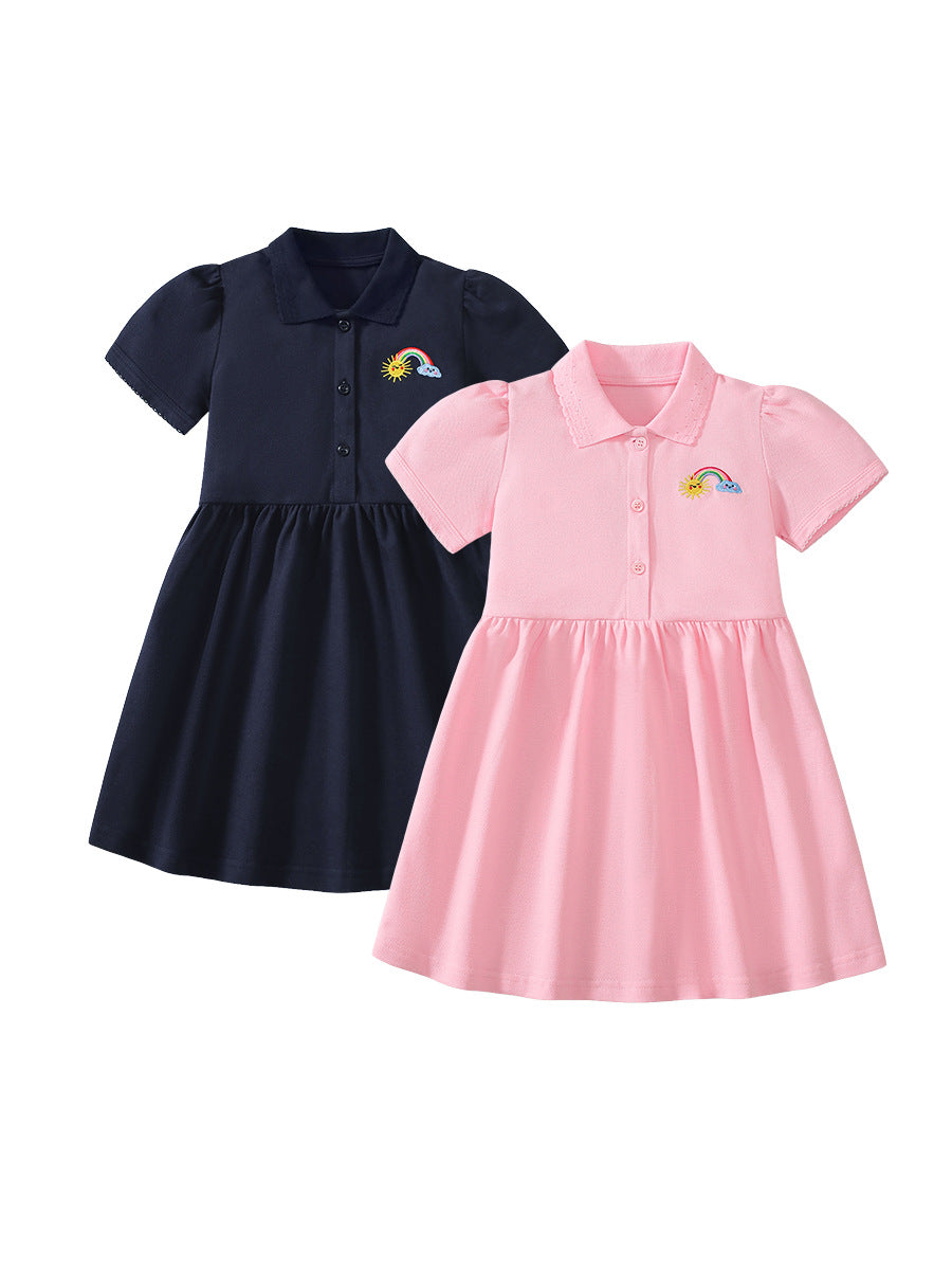 Summer Polo Style Dress for Girls, European and American Cute Rainbow Embroidery Pattern Dress, MyKids-USA®, Baby & Toddler Dresses, MyKids-USA - Size/Age - 90 (12-24M) - Color - Pink -  -  - TR2412232207-A