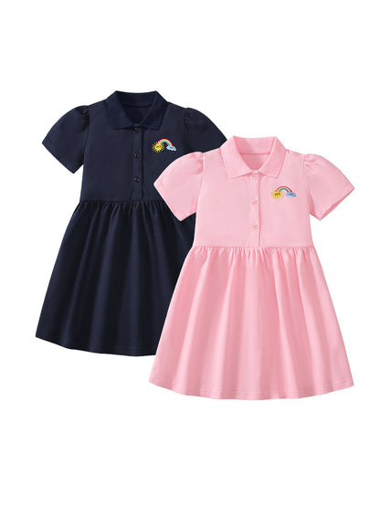 Summer Polo Style Dress for Girls, European and American Cute Rainbow Embroidery Pattern Dress, MyKids-USA®, Baby & Toddler Dresses, MyKids-USA - Size/Age - 90 (12-24M) - Color - Pink -  -  - TR2412232207-A