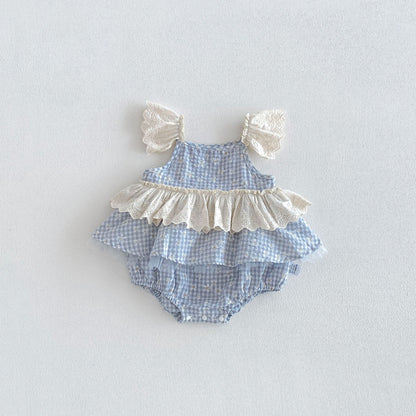 Summer Arrival Baby Girls Sleeveless Flowers and Plaid Pattern Strap Bodysuit, MyKids-USA®, Baby One-Pieces, MyKids-USA - Size/Age - 66 (3-6M) - Color - Grey -  -  - TR2603171530-B.