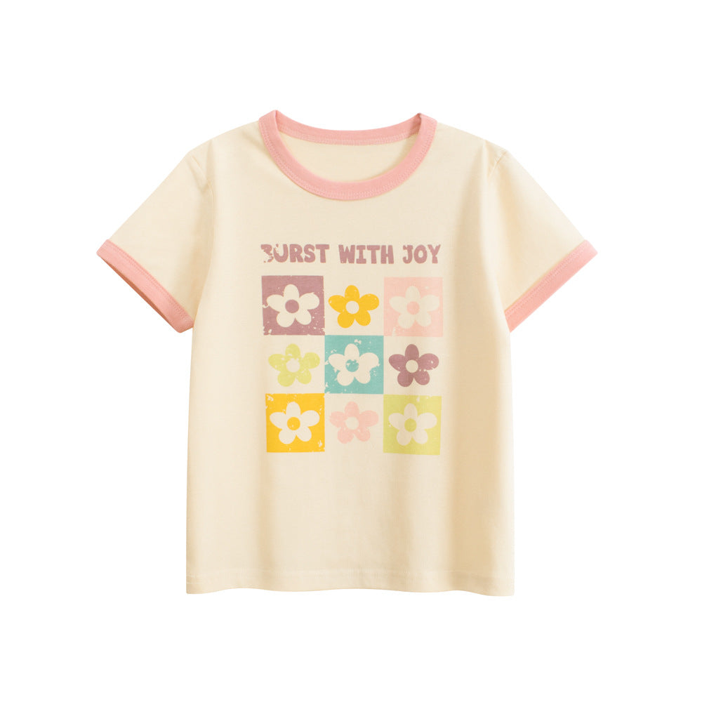 Summer Girls’ Flowers and Letters Pattern T-shirt in European and American Style, MyKids-USA®, T-Shirts, MyKids-USA - Size/Age - 90 (12-24M) - Color - Apricot -  -  - TR2604062343-A.