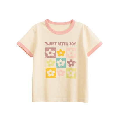 Summer Girls’ Flowers and Letters Pattern T-shirt in European and American Style, MyKids-USA®, T-Shirts, MyKids-USA - Size/Age - 90 (12-24M) - Color - Apricot -  -  - TR2604062343-A.