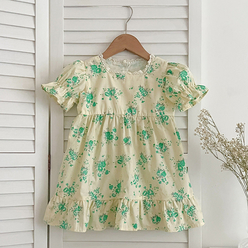 Summer Girls Green Floral Pattern Square Neck Onesies And Girls’ Dress – Princess Sister Matching Set