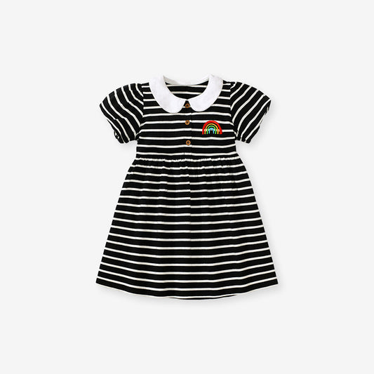 Baby Girls Peter Pan Collar Short Sleeves Striped Rainbow Logo Dress, MyKids-USA®, Baby & Toddler Dresses, MyKids-USA - Size/Age - 90 (12-24M) - Color - Black -  -  - TR2401042048-A